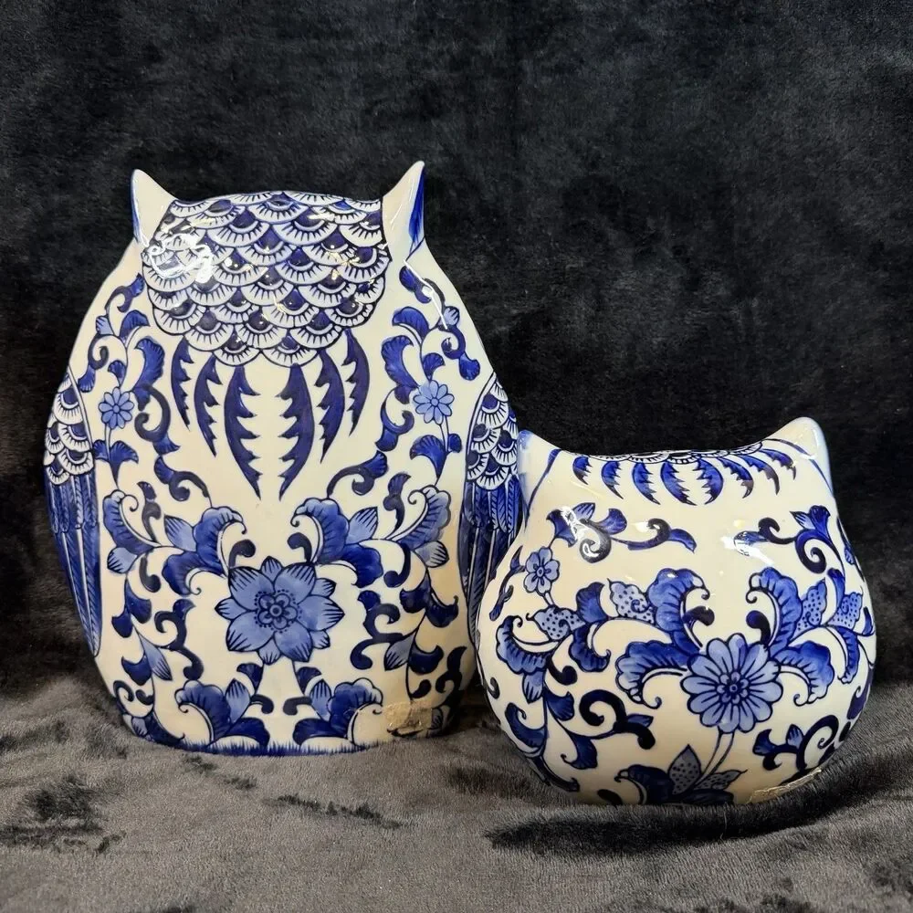 Pier 1 Imports Retired Chinoiserie Owl Decor Large Figurines Set of 2 Ceramic
